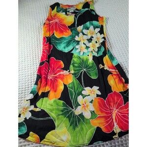 Paradise Found Hawaiian Sleeveless Black Maxi Dress  Tropical Print Rayon